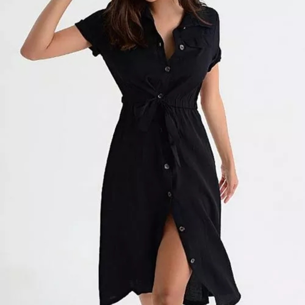 Milan Kiss Black Midi Dress, Shirt Dress NWT MED